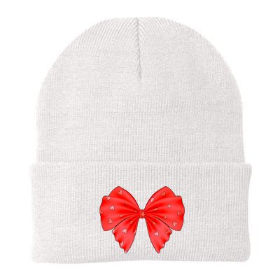 Cute Valentine Heart Print Red Ribbon Bow Beanie