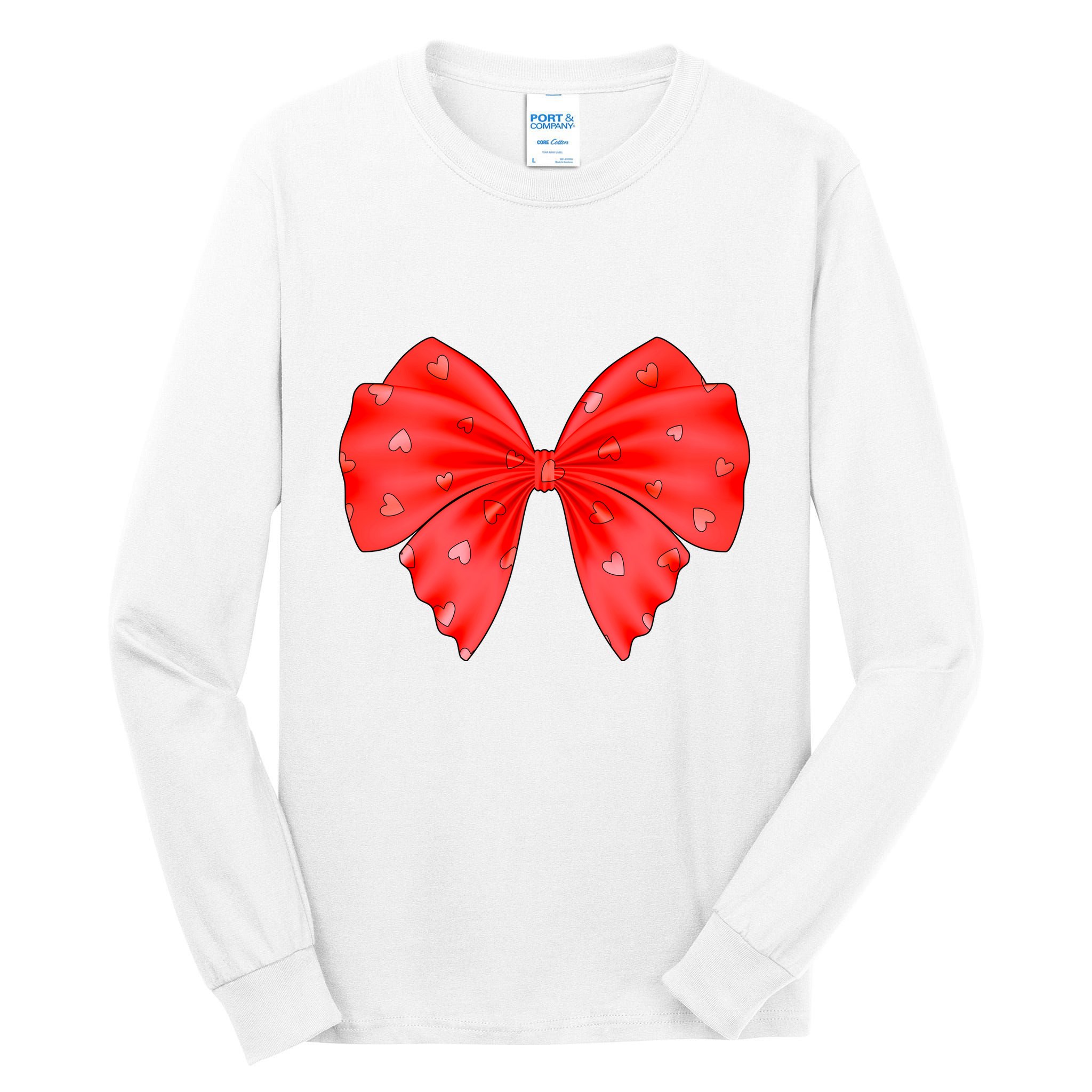 Cute Valentine Heart Print Red Ribbon Bow Tall Long Sleeve T-Shirt