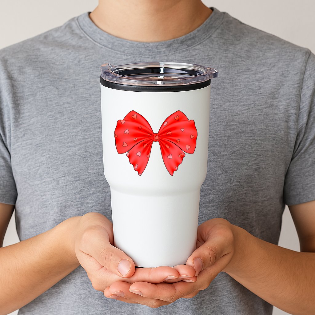 Cute Valentine Heart Print Red Ribbon Bow Tumbler