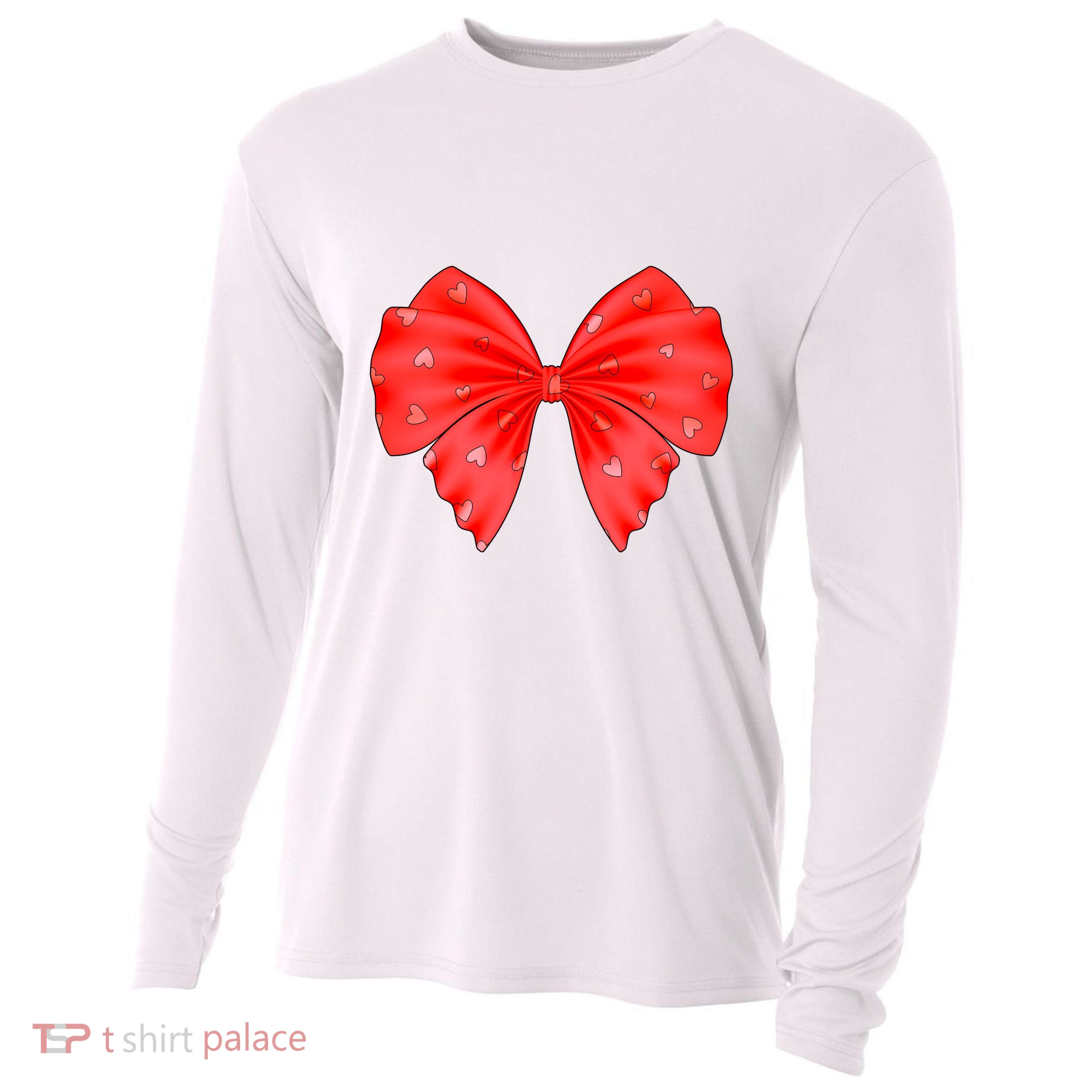 Cute Valentine Heart Print Red Ribbon Bow Cooling Performance Long Sleeve Crew