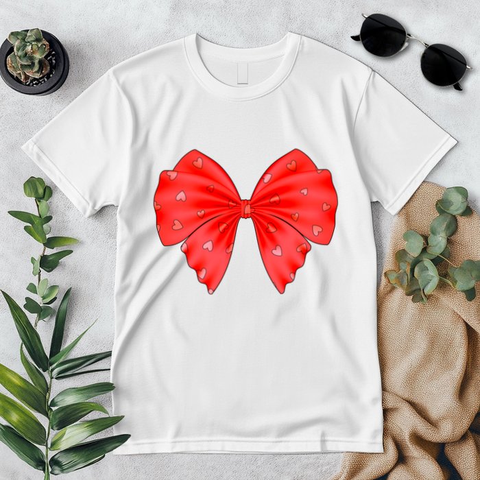 Cute Valentine Heart Print Red Ribbon Bow Premium T-Shirt