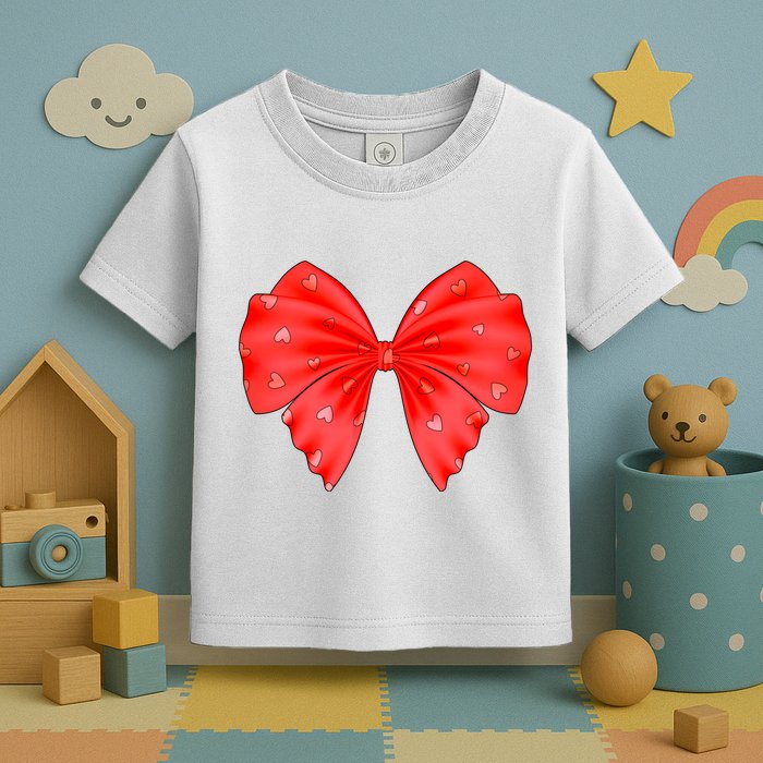 Cute Valentine Heart Print Red Ribbon Bow Toddler T-Shirt