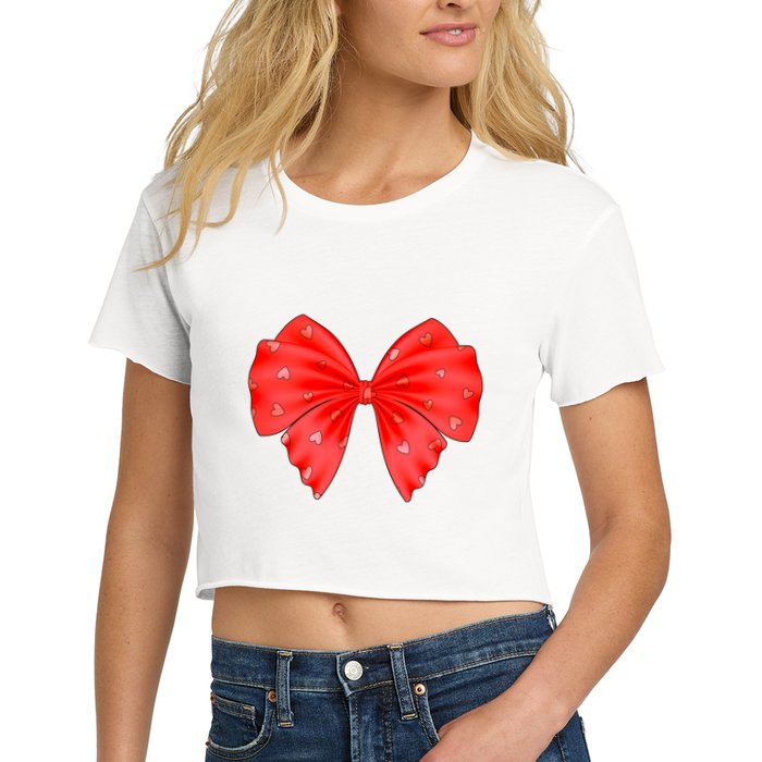 Cute Valentine Heart Print Red Ribbon Bow Crop Top