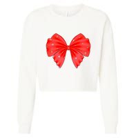 Cute Valentine Heart Print Red Ribbon Bow Cropped Pullover Crew