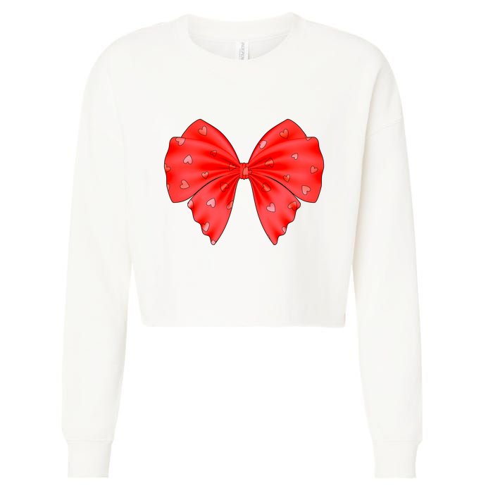 Cute Valentine Heart Print Red Ribbon Bow Cropped Pullover Crew