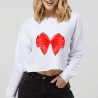Cute Valentine Heart Print Red Ribbon Bow Cropped Pullover Crew