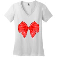 Cute Valentine Heart Print Red Ribbon Bow Women's V-Neck T-Shirt