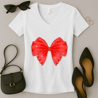 Cute Valentine Heart Print Red Ribbon Bow Women's V-Neck T-Shirt