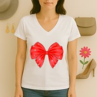 Cute Valentine Heart Print Red Ribbon Bow Women's V-Neck T-Shirt