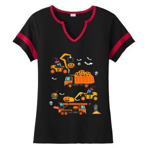 Construction Vehicle Halloween Crane Truck Pumpkin Ladies Halftime Notch Neck Tee