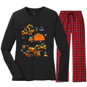 Construction Vehicle Halloween Crane Truck Pumpkin Women's Long Sleeve Flannel Pajama Set 