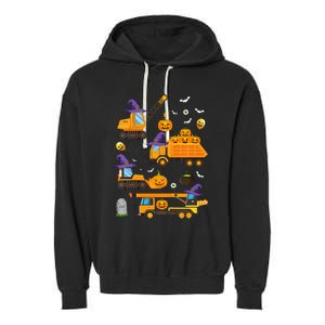 Construction Vehicle Halloween Crane Truck Pumpkin Witch Garment-Dyed Fleece Hoodie