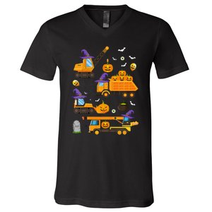 Construction Vehicle Halloween Crane Truck Pumpkin Witch V-Neck T-Shirt