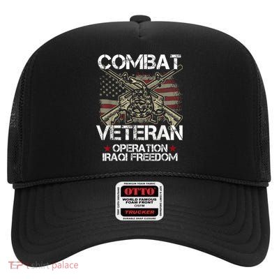 Combat Veteran Iraqi Freedom Military Usa American Flag Gift High Crown Mesh Back Trucker Hat
