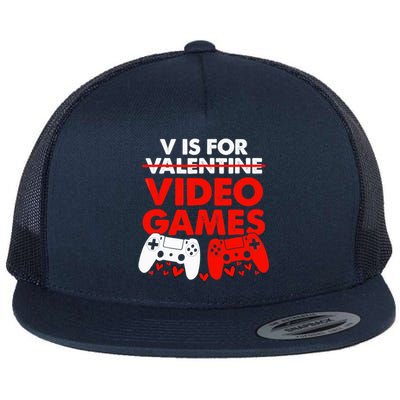 Cute V Is For Video Games Heart Funny Valentines Day Gamer Flat Bill Trucker Hat