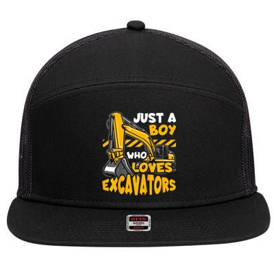 Construction Vehicle Just A Who Loves Excavators 7 Panel Mesh Trucker Snapback Hat