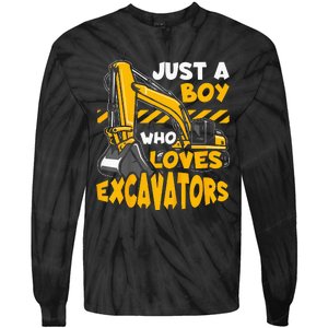 Construction Vehicle Just A Who Loves Excavators Tie-Dye Long Sleeve Shirt