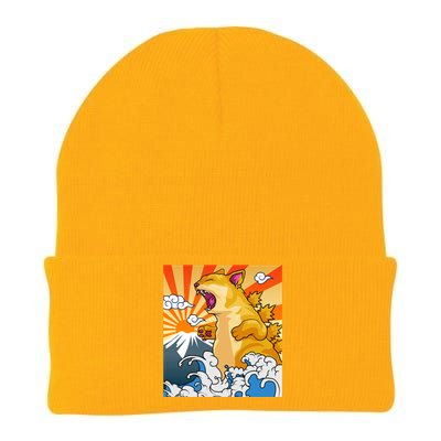 Catzilla Vintage Kawaii Cute Cat Art Japanese Sunset Knit Cap Winter Beanie