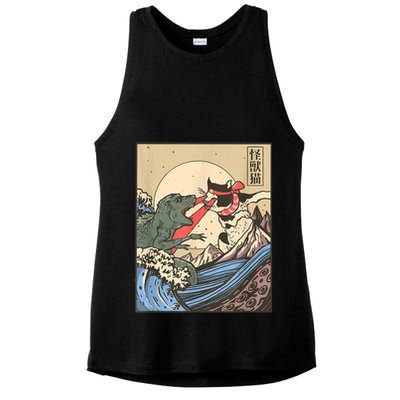 Catzilla Vs Kaiju Vintage Funny Cute Cat Art Japanese Sunset Ladies PosiCharge Tri-Blend Wicking Tank