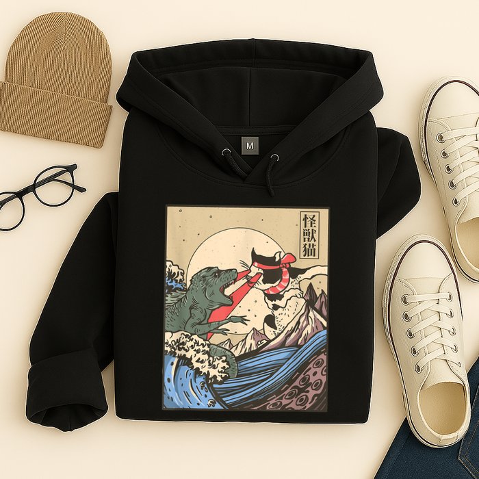 Catzilla Vs Kaiju Vintage Funny Cute Cat Art Japanese Sunset Hoodie