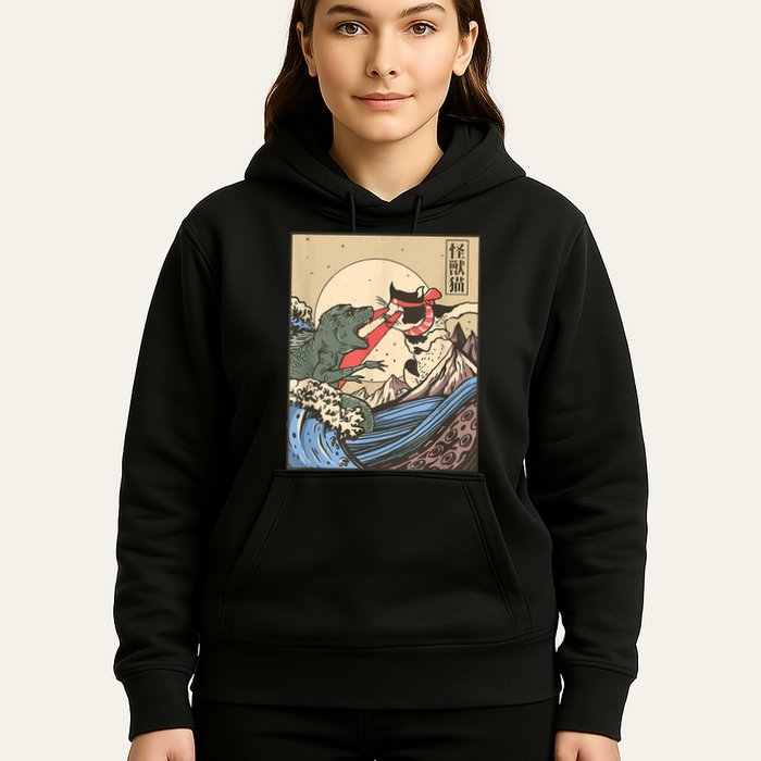 Catzilla Vs Kaiju Vintage Funny Cute Cat Art Japanese Sunset Hoodie