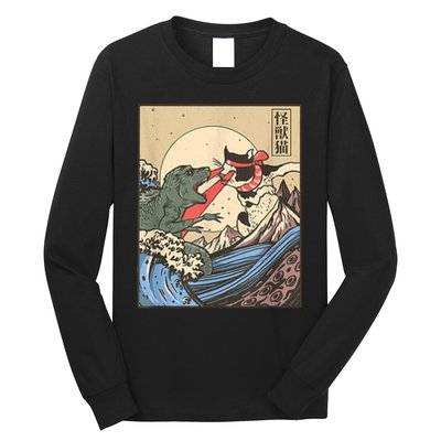 Catzilla Vs Kaiju Vintage Funny Cute Cat Art Japanese Sunset Long Sleeve Shirt