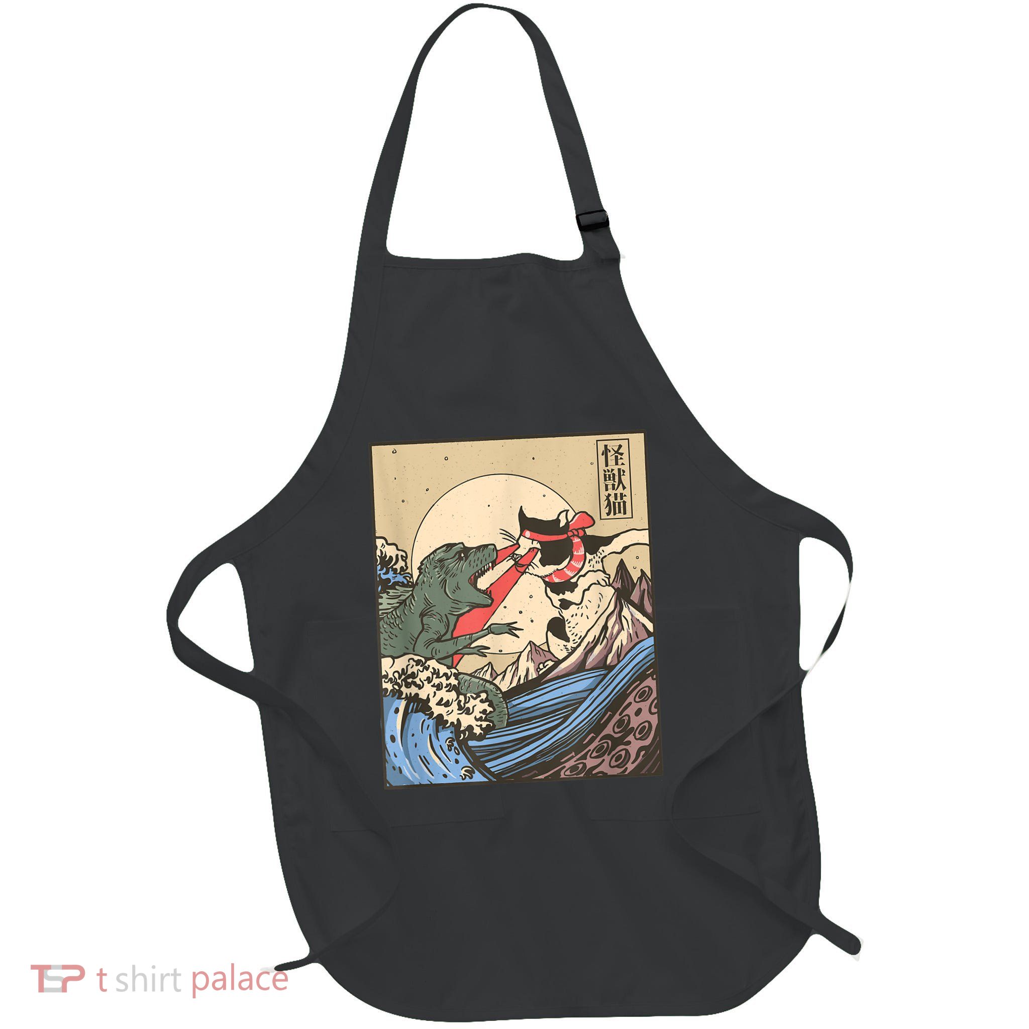 Catzilla Vs Kaiju Vintage Funny Cute Cat Art Japanese Sunset Apron