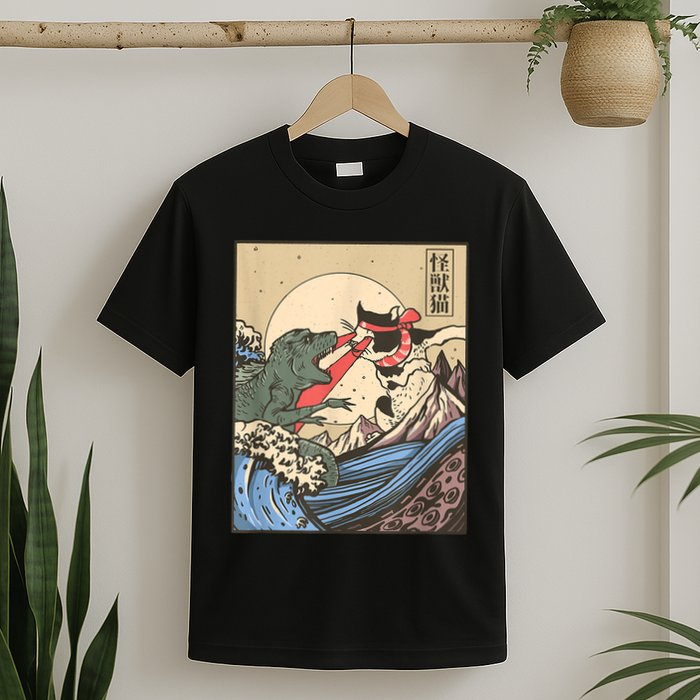 Catzilla Vs Kaiju Vintage Funny Cute Cat Art Japanese Sunset T-Shirt