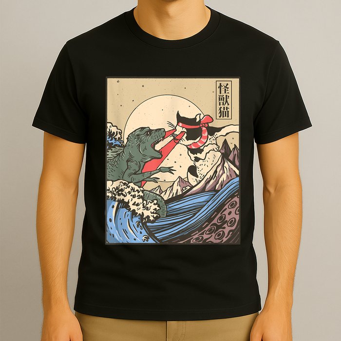 Catzilla Vs Kaiju Vintage Funny Cute Cat Art Japanese Sunset T-Shirt