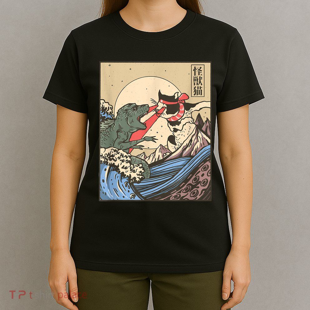 Catzilla Vs Kaiju Vintage Funny Cute Cat Art Japanese Sunset T-Shirt
