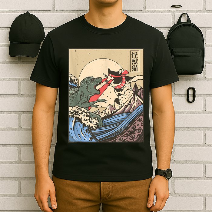 Catzilla Vs Kaiju Vintage Funny Cute Cat Art Japanese Sunset T-Shirt