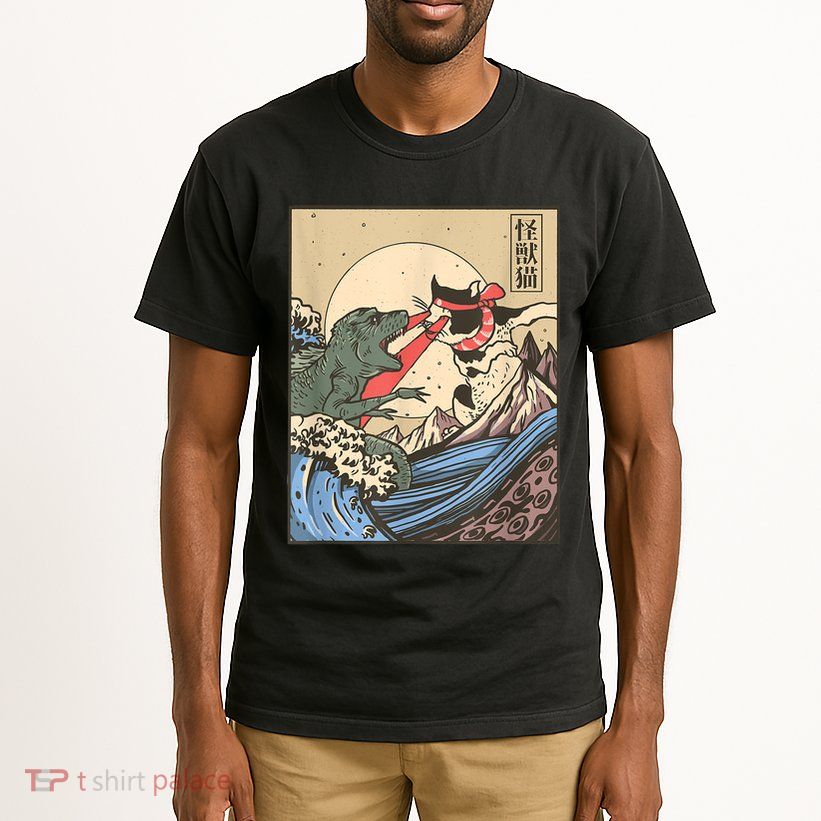 Catzilla Vs Kaiju Vintage Funny Cute Cat Art Japanese Sunset Tall T-Shirt