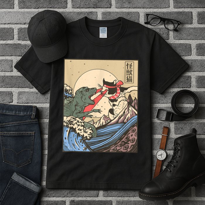 Catzilla Vs Kaiju Vintage Funny Cute Cat Art Japanese Sunset Tall T-Shirt