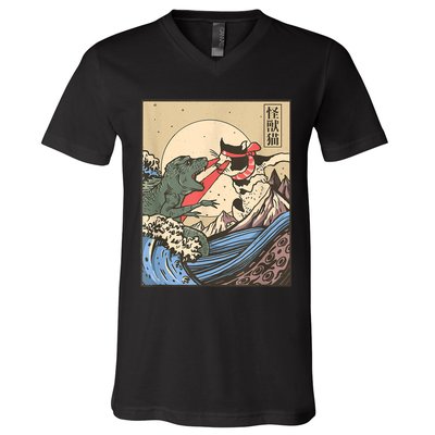 Catzilla Vs Kaiju Vintage Funny Cute Cat Art Japanese Sunset V-Neck T-Shirt