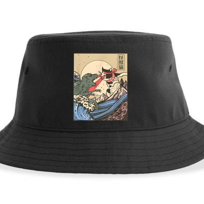 Catzilla Vs Kaiju Vintage Funny Cute Cat Art Japanese Sunset Sustainable Bucket Hat