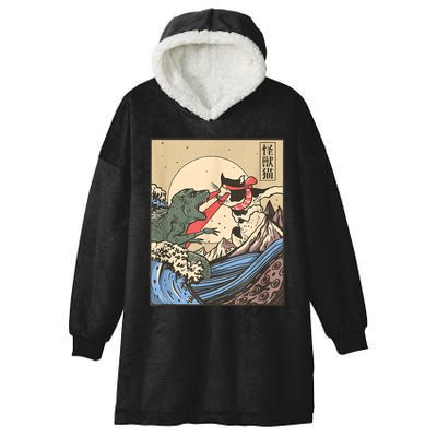 Catzilla Vs Kaiju Vintage Funny Cute Cat Art Japanese Sunset Hooded Wearable Blanket