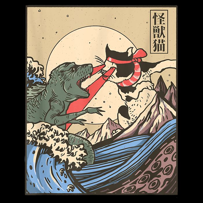 Catzilla Vs Kaiju Vintage Funny Cute Cat Art Japanese Sunset Bucket Hat