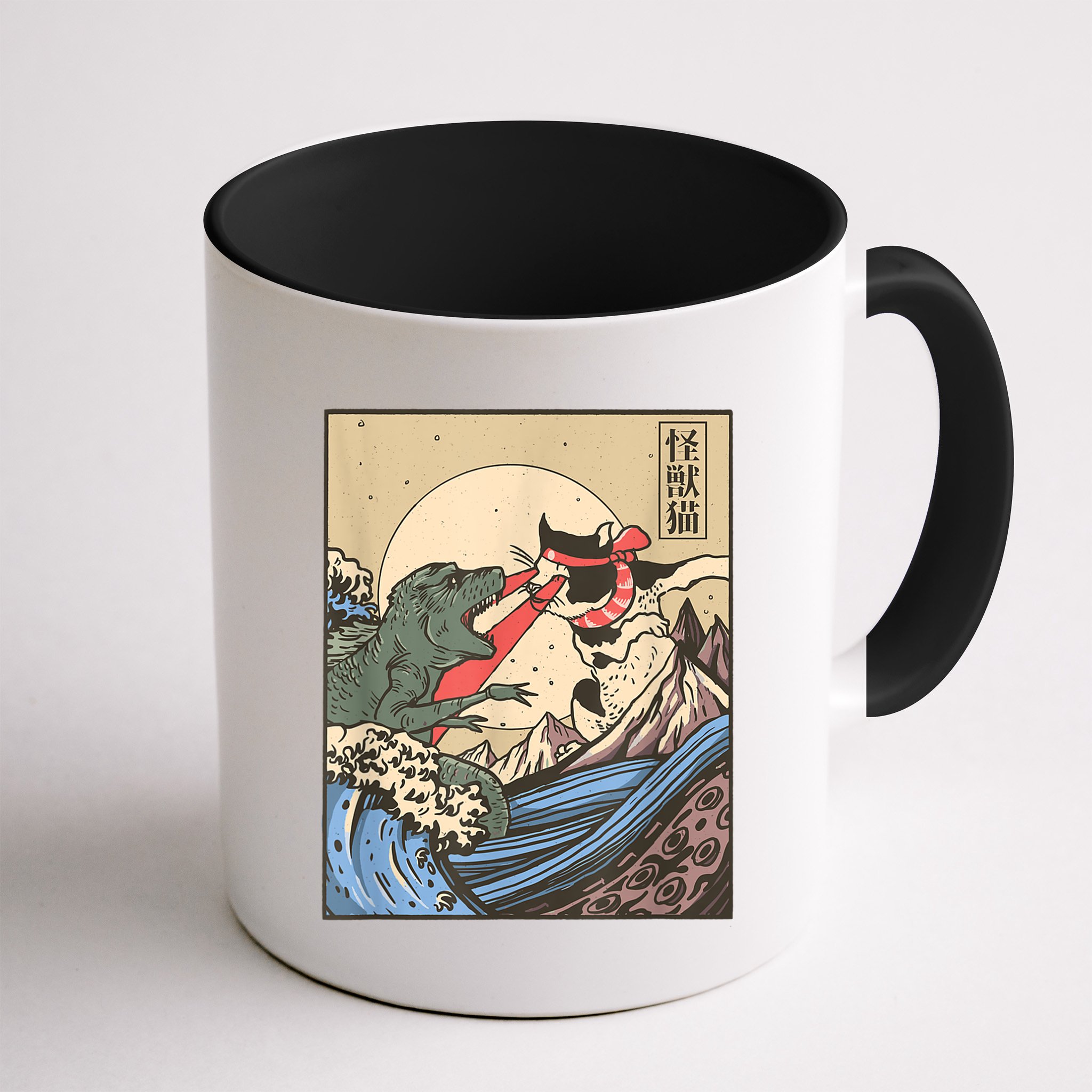 Catzilla Vs Kaiju Vintage Funny Cute Cat Art Japanese Sunset Mug