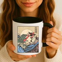 Catzilla Vs Kaiju Vintage Funny Cute Cat Art Japanese Sunset Mug