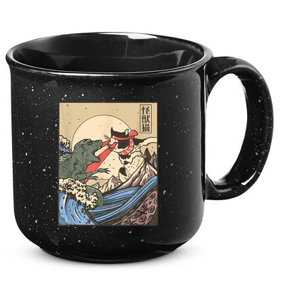 Catzilla Vs Kaiju Vintage Funny Cute Cat Art Japanese Sunset 15oz Campfire Ceramic Mug