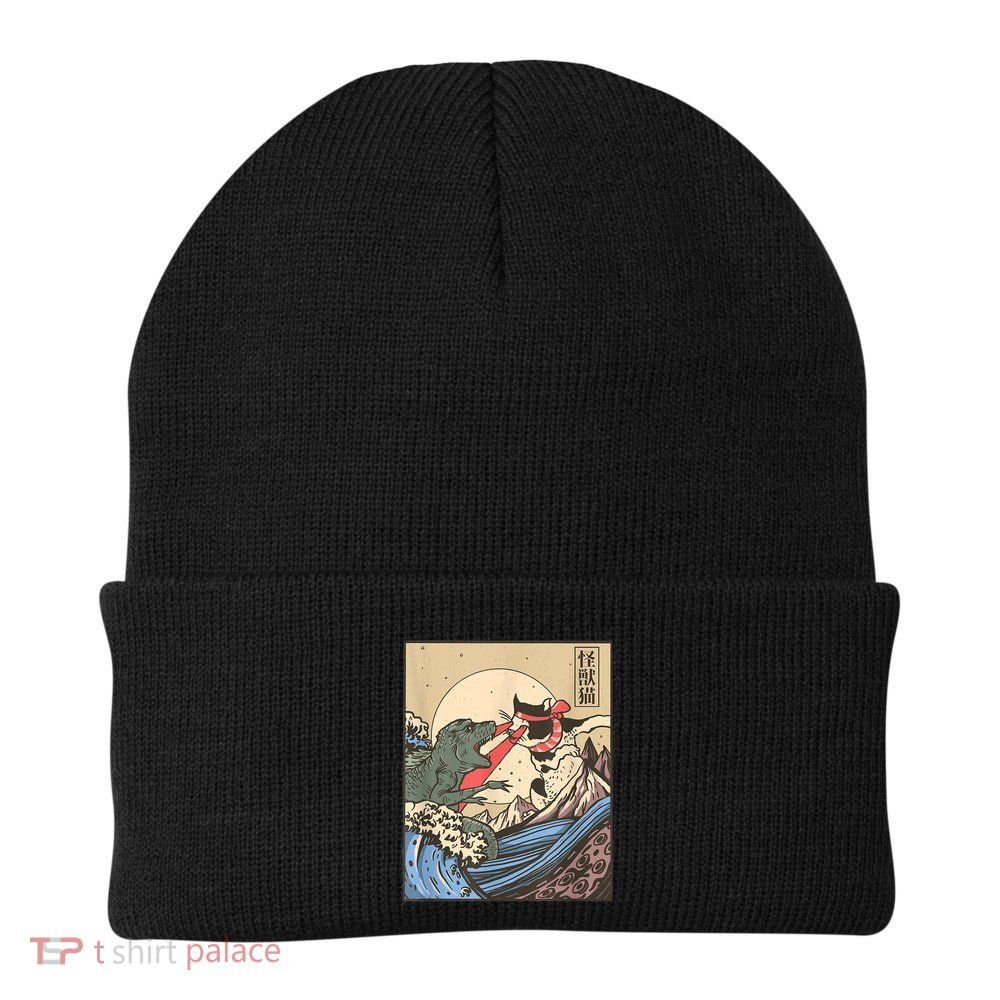 Catzilla Vs Kaiju Vintage Funny Cute Cat Art Japanese Sunset Beanie