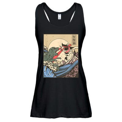 Catzilla Vs Kaiju Vintage Funny Cute Cat Art Japanese Sunset Ladies Essential Flowy Tank