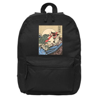Catzilla Vs Kaiju Vintage Funny Cute Cat Art Japanese Sunset 16 in Basic Backpack