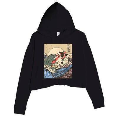 Catzilla Vs Kaiju Vintage Funny Cute Cat Art Japanese Sunset Crop Fleece Hoodie