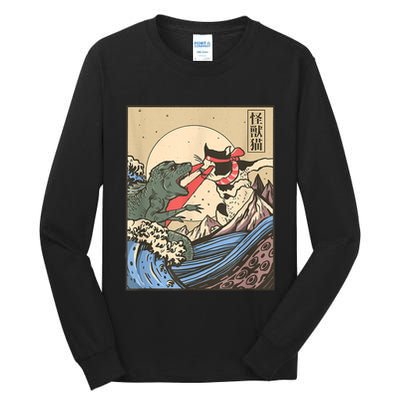 Catzilla Vs Kaiju Vintage Funny Cute Cat Art Japanese Sunset Tall Long Sleeve T-Shirt