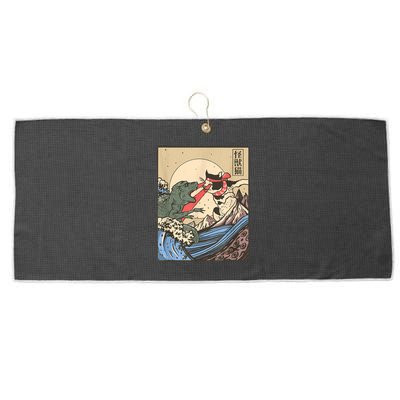 Catzilla Vs Kaiju Vintage Funny Cute Cat Art Japanese Sunset Large Microfiber Waffle Golf Towel