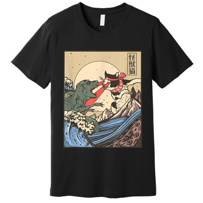 Catzilla Vs Kaiju Vintage Funny Cute Cat Art Japanese Sunset Premium T-Shirt
