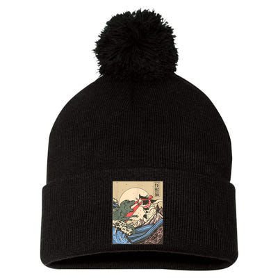 Catzilla Vs Kaiju Vintage Funny Cute Cat Art Japanese Sunset Pom Pom 12in Knit Beanie