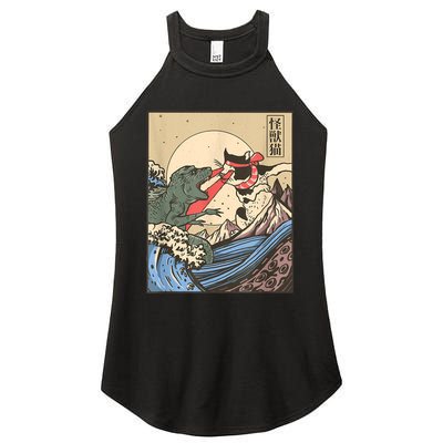 Catzilla Vs Kaiju Vintage Funny Cute Cat Art Japanese Sunset Women's Perfect Tri Rocker Tank