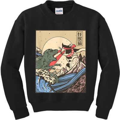 Catzilla Vs Kaiju Vintage Funny Cute Cat Art Japanese Sunset Kids Sweatshirt